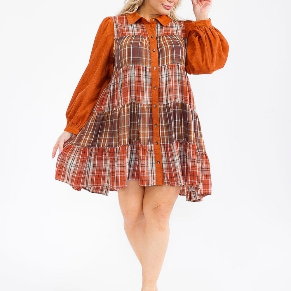 Entro Boho Plaid Patchwork Babydoll Dress Rust Orange Button Front Flowy